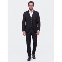 Siyah Sivri Yaka 6 Drop Regular Fit Yelekli Erkek Takım Elbise