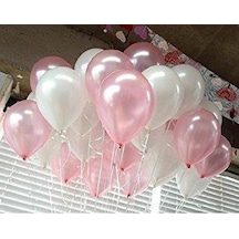 25 Adet Metalik Sedefli Pembe-Beyaz Karışık Balon Helyumla Uçan