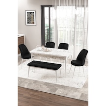 Canisa Concept Zen Serisi 80x132 Mdf Açılabilir Beyaz Mermer Desen Masa Takımı 4 Siyah Sandalye Ve 1 Bench Masa Beyaz Mermer Sandalye Ve Bench Siyah
