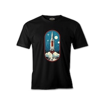 Uzaya Seyahat Roket Kalkış Baskılı Siyah Erkek Tshirt 001