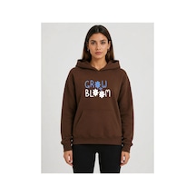 Herkesemoda Grow Bloom Baskılı Kapüşonlu 2 İplik Şardonlu Sweatshirt Kahverengi