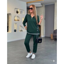 Zenna Tarz Kadın Uzun Kollu Fermuarlı Şerit Detay Desenli Alt Üst Ikili Viskon Iki Iplik Takım Yeşil