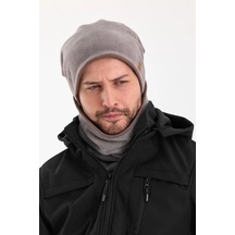 Erkek Polar Dış Kaşkorse Pamuklu İç Kısım Çift Renk Çift Katman Katlanabilir Bere Boyunluk Takım - Standart / Gri-kahverengi Gri-kahverengi