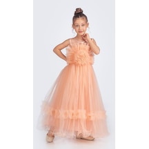 Mnk Baby & Kids Uzun Etekli , Askılı Kız Cocuk Gül Motif Abiye Elbise M00670 Somon