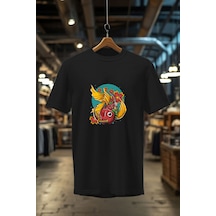 Japon Altın Balık Sokak Stili Baskılı Şık Tasarımlı %100 Pamuk Bisiklet Yaka Siyah T-shirt Siyah
