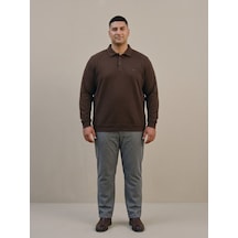 Maccali Erkek Kahverengi Büyük Beden Polo Yaka Battal Sweatshirt