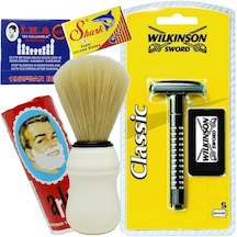 Wilkinson Tıraş Makinesi 5'li Jilet İle Birlikte Tıraş Fırçası Beyaz Tıraş Sabunu 5'li Shark Chrome Jilet Kibrit Kantaşı Tıraş Seti S502