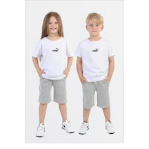Unisex Çocuk Beyaz Logo Baskılı Tişört Ve Yeşil Çizgili Şort Yazlık İkili Takım Gri