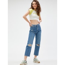 Koton Yüksek Bel Kot Pantolon Yırtık Düz Paça- Eve Jeans Orta İndigo 3sal40057md 3SAL40057MDMID İndigo