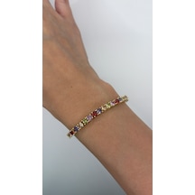 Renkli Zirkon Taşlı Çelik Kadın Bileklik 17+2 Cm Ayarlanabilir Gold Kaplama Bileklik