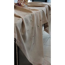 Serpme Çiçek İşlemeli 8 Kişilik Kapuçino Masa Örtüsü Açık Bej