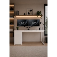 Beyaz Çekmeceli Kapaklı 120 Cm Çalışma Masası, Bilgisayar Masası, Ofis Masası, Metal Ayaklı, Raflı, Kesonlu 140 Cm