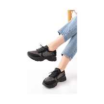 3002 Siyah Bağcıklı Fileli Taş Aksesuarlı Günlük Spor Ayakkabı Beyaz