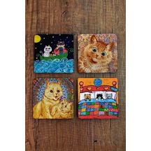 Doğal Taş Bardak Altlığı Louis Wain Kediler , Kedi 10x10cm Stone Coasters 4'lü Set Çok Renkli