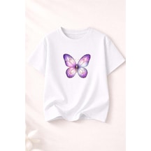 Herkesemoda Mor Kelebek Baskı Detaylı Kadın Bisiklet Yaka Pamuklu T-shirt Beyaz