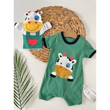 İnek Animal Baskılı Soğuk Yeşil Bebek Tulum Kukla Hediyeli Yeşil
