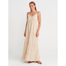 Dilvin 90573 Büzgülü Uzun Denim Elbise-taş Taş