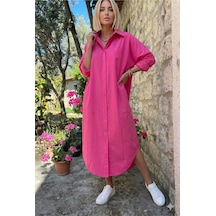 Yıldızistan Kadın Uzun Kol Poplin Cepli Oversize Günlük Spor Tunik Gömlek Elbise Fuşya Pembe 3555352