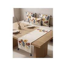 Flora Garden 4 Lü Punch Nakışlı Kırlent & Runner Seti 2 Kare + 1 Dikdörtgen Kırlent Kılıfı + 1 Runner Amerikan Servis Mavi