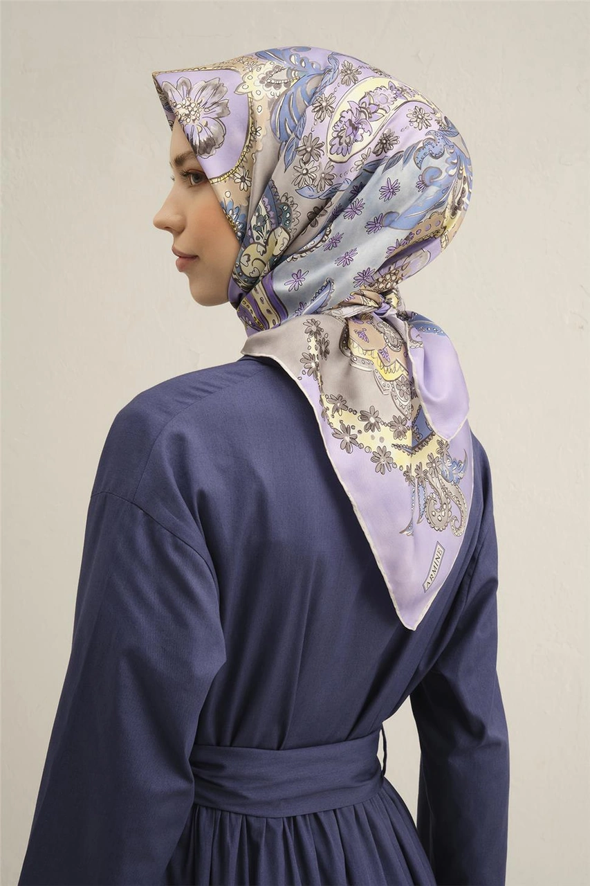 Armine Etnik Desenli Saf İpek Sura Eşarp 9338d 82 Lila