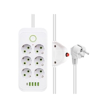 6'lı Akım Korumalı Priz, 1.5 Metre Kablo, 4 X Usb, 1 X Type-c Pd Girişli, Altılı Priz Çoklayıcı Grup Priz, Maks 16a Kapasite, 3000w Güç, Anahtarlı, Topraklı, Çocuk Korumalı, Beyaz 1