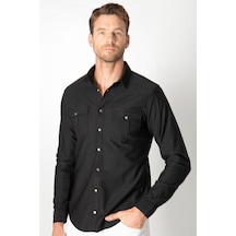 Tudors Slim Fit Dar Kesim Uzun Kol Erkek Kot Gömlek-25512 Siyah