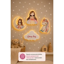 Ahşap 4'lü Prenses Lamba Seti Yıldız Hediyeli Pilli Led Gece Lambaları Bebek Çocuk Odası Çok Renkli
