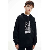Tshirthane Last Clean Baskılı Unisex Çocuk Kapüşonlu Siyah Sweatshirt Siyah