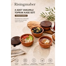 Tr 4 Adet Vakum Kapaklı Toprak Kase Seti, Silikon Kapaklı Kahvaltılık Saklama Kasesi Güveç Sütlaç Ve Sufle Kabı Genel