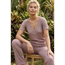 Siyah İnci Dantel Detaylı Fitilli Örme Pijama Takım 26120554 Vizon