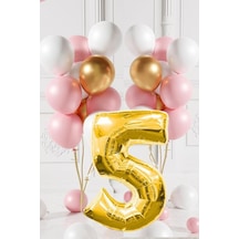 5 Yaş Retro Gold Pembe Beyaz Balon Seti Gold Rakamlı Doğum Günü Balonu Şık Parti Süsleme Çok Renkli