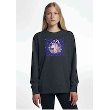 Space Unicorn 3 Baskılı Füme Antrasit Kadın Sweatshirt