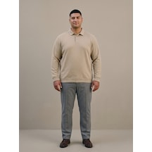 Maccali Erkek Bej Büyük Beden Polo Yaka Battal Sweatshirt