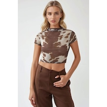 Hiccup Baskılı Slim Fit Bisiklet Yaka Crop Top Çok Renkli