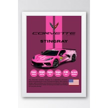Corvette Stingray Araba Tablosu - Teknik Özellikli Otomobil Poster - Çerçeveli Duvar Dekoru Beyaz