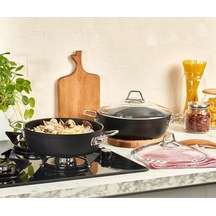 Dark Granit Basık Tencere Cam Kapaklı Yanmaz Yapışmaz Titanyum Kaplama - 28 Cm