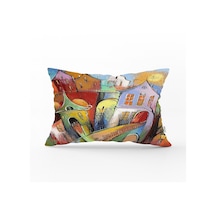 Realhomes Renkli Sulu Boya Çizimli Gece Kondu Evleri Motifli Dekoratif Dikdörtgen Kırlent Kılıfı RH-24201