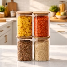 Porsima 4395 4lü Kare 1100 Ml Bambu Vakumlu Kapaklı Cam Kavanoz Seti Saklama Kabı 10x15cm Şeffaf