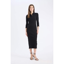 DeFacto Bodycon Vücudu Saran Polo Yaka Basic Düz Fitilli Kaşkorse Yarım Kollu Midi Elbise E2245AX25SPBK81
