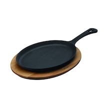 Lava Döküm Oval Fajita Tavası. Saplı ve Ahşap Altlıklı.