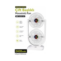 Exenar - Beyaz - Çift Başlıklı Masaüstü Fan Brushless Motor 10w Güçlü Vantilatör Ayarlanabilir Başlık 2400 Mah Şarjlı