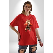 Boks Yapan Kedi Pamuklu Bisiklet Yaka Unisex Oversize Boyfriend Dijital Baskılı Kırmızı T-shirt Kırmızı