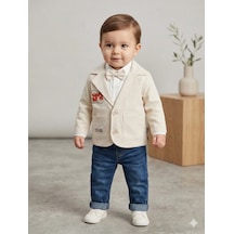 Erkek Bebek Blazer Ceketli Kot Pantolonlu 3 Lü Takım Ekru