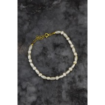 Papatya Silver 925 Ayar Gümüş Gold Kaplama Helezon , Beyaz Elips Inci Görünümlü Boncuk Bileklik