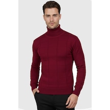 Rizzup Erkek Bordo Kare Desenli Balıkçı Yaka Slim Fit Boğazlı Triko Kazak 2505493