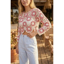 Sayzen Your Shine Çiçek Desenli Dantel Crop Bluz Sy-shn08 Pembe