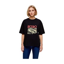 Paybuy Kadın Oversize Tişört Retro Otomobil Baskılı Vintage Araba Grafik Siyah