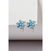 Aqua Taşlı Rodyumlu 925 Ayar Gümüş Çiçek Küpe -7925