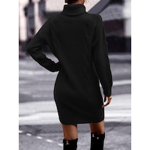 Aqe Fashion Saç Örgü & Selanik Örgü Desenli, Links Detay, Boğazlı, Uzun Kollu, Sırt Detay Desenli Siyah Triko Elbise Tunik Siyah