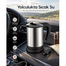 Seyahat İçin 12v Çakmak Soketli Paslanmaz Çelik Taşınabilir Su Isıtıcı Kettle